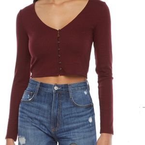 Women's V-neck Long sleeved Crop Top Burgundy